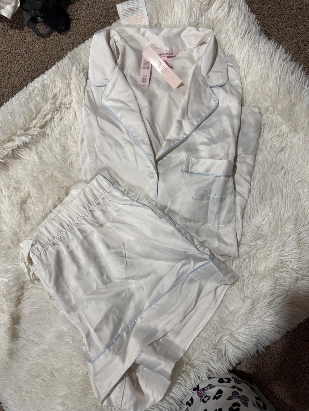 Victoria's Secret White Satin Pajama Set with Light Blue Piping